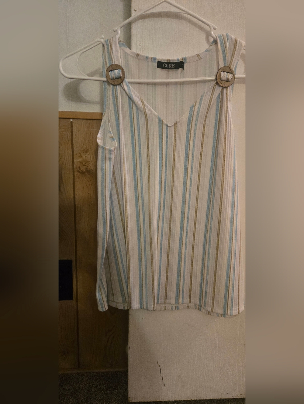 Ann Taylor Striped Sleeveless Tank with Buckle Straps - Blue, Tan, White